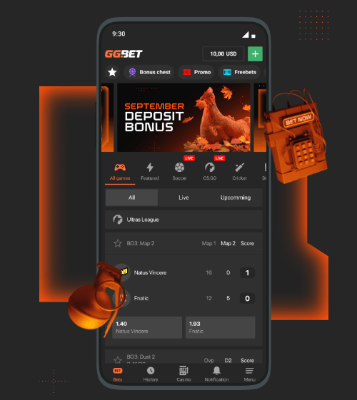 Podgląd interfejsu aplikacji GGBet z widocznymi zakładkami na sport i kasyno oraz live bettingiem.